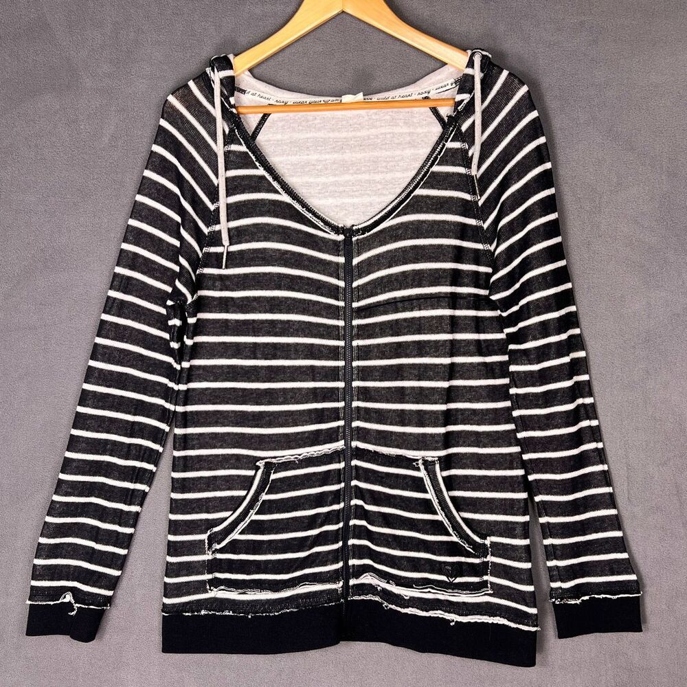 Roxy Wild at Heart Knit Zip Up Hoodie Black White Striped Sweater Beach XL